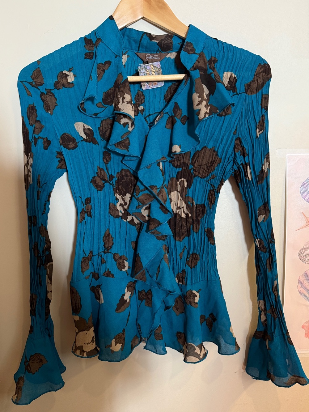 Ruffled Floral Blouse - Teal Blue